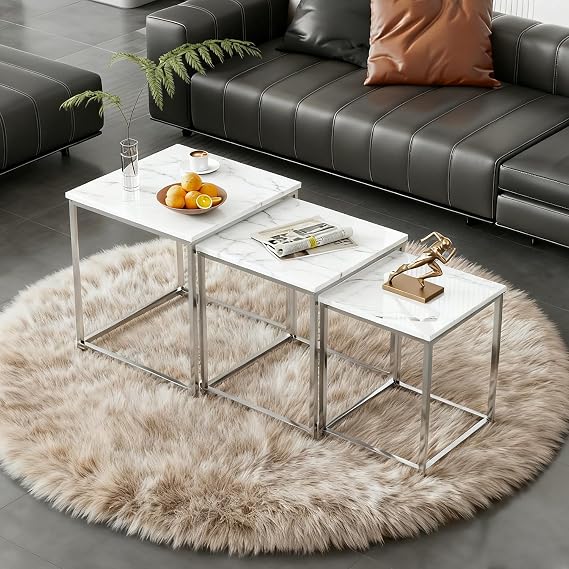 Nest of Tables Set of 3, Square Nesting Coffee Tables with Chrome Frame, Space Saving Stacking Nested Tables, 3-Piece High Gloss Sofa Side Table Set for Living Room Bedroom (White Marble)