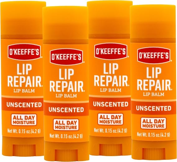 O'Keeffe's Unscented Lip Repair Lip Balm for Dry, Cracked Lips, Stick, (Pack of 4)