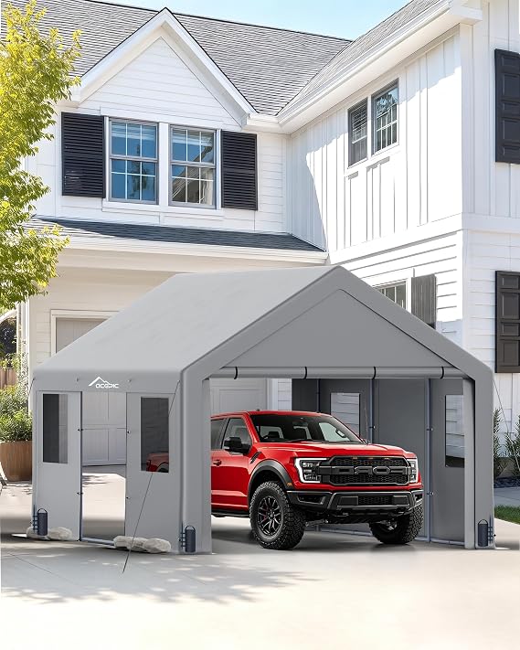 Upgraded 13x20 Heavy Duty Carport, Drive Through Portable Garage | Features Roll-up Windows & Doors, Portable Garage with UV Resistant Waterproof All-Season Tarp for Car, Truck, Boat