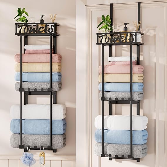 HapiRm Over Door Towel Rack - 3 Tier Towel Rack Wall Mounted with Metal Shelf Basket and 6 Hooks, Space-Saving Bathroom Towel Holder, Bathroom Towel Storage for Small Bathroom Storage & Organisation
