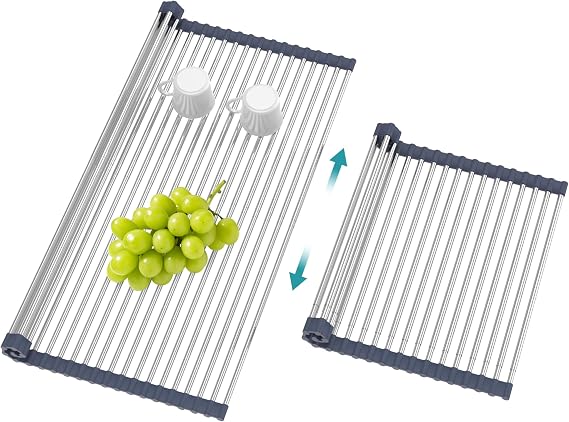 BBXTYLY Extra Large Expandable Roll Up Dish Drying Rack,Over The Sink Drying Rack Sink Cover Kitchen Sink Accessories Kitchen Rolling up Stainless Steel Drainer, Foldable,Rollable(Gray,22.8'-17.3'')
