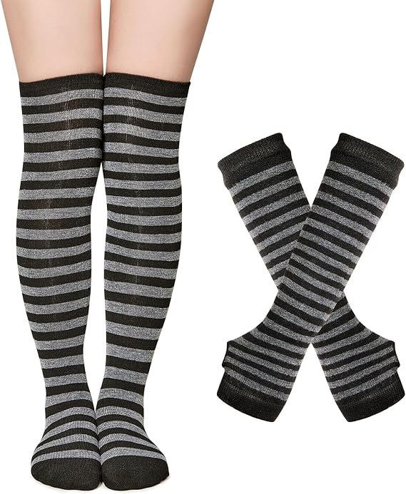 Zando Halloween Striped Women Thigh High Socks Knitted Arm Warmers Set