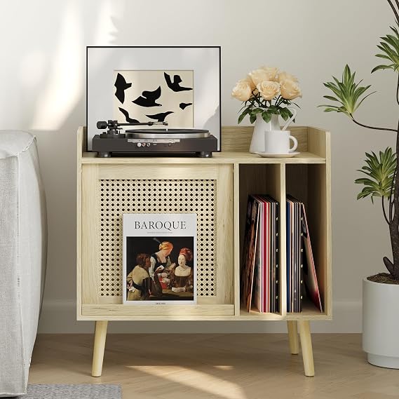 Semiocthome Record Player Stand with Vinyl Storage, Record Player Table with Storage Shelf, Turntable Stand with Rattan Cabinet Door (Small)