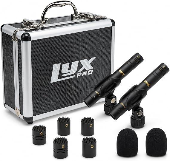 LyxPro SDPC-2 Stereo Pair Small Diaphragm Condenser Microphones, XLR Pencil Mic Set with Omni, Cardioid & Super Cardioid Capsules for Acoustic Guitar, Drums, Piano & Studio Recording