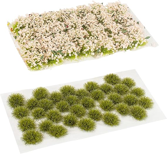 35 Pcs Static Grass Tuft Model Grass Tufts Railway Artificial Grass and 28 Pcs Bushy Tuft Pink Flower Cluster Vegetation Groups for DIY Architecture Building Model Train Landscape Railroad Scenery