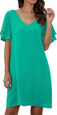 QIXING Womens Summer Casual Loose Mini Dress V-Neck Bell Short Sleeve Double Layer Shift Dress Blue Green-S-6