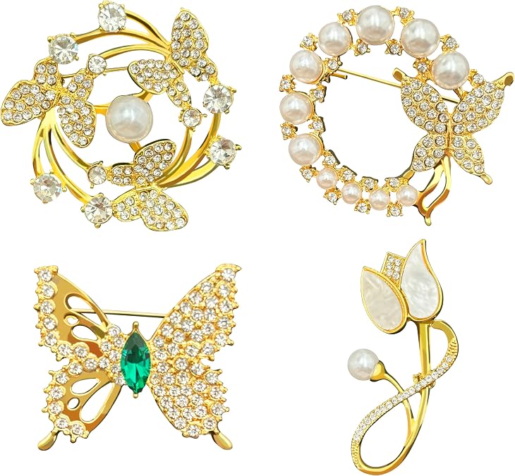 Butterfly Wreath Brooch Pin White Pearl Flower Women Rhinestone Scarf Buckle Pin Gold Wedding Bridal Brooches Lady