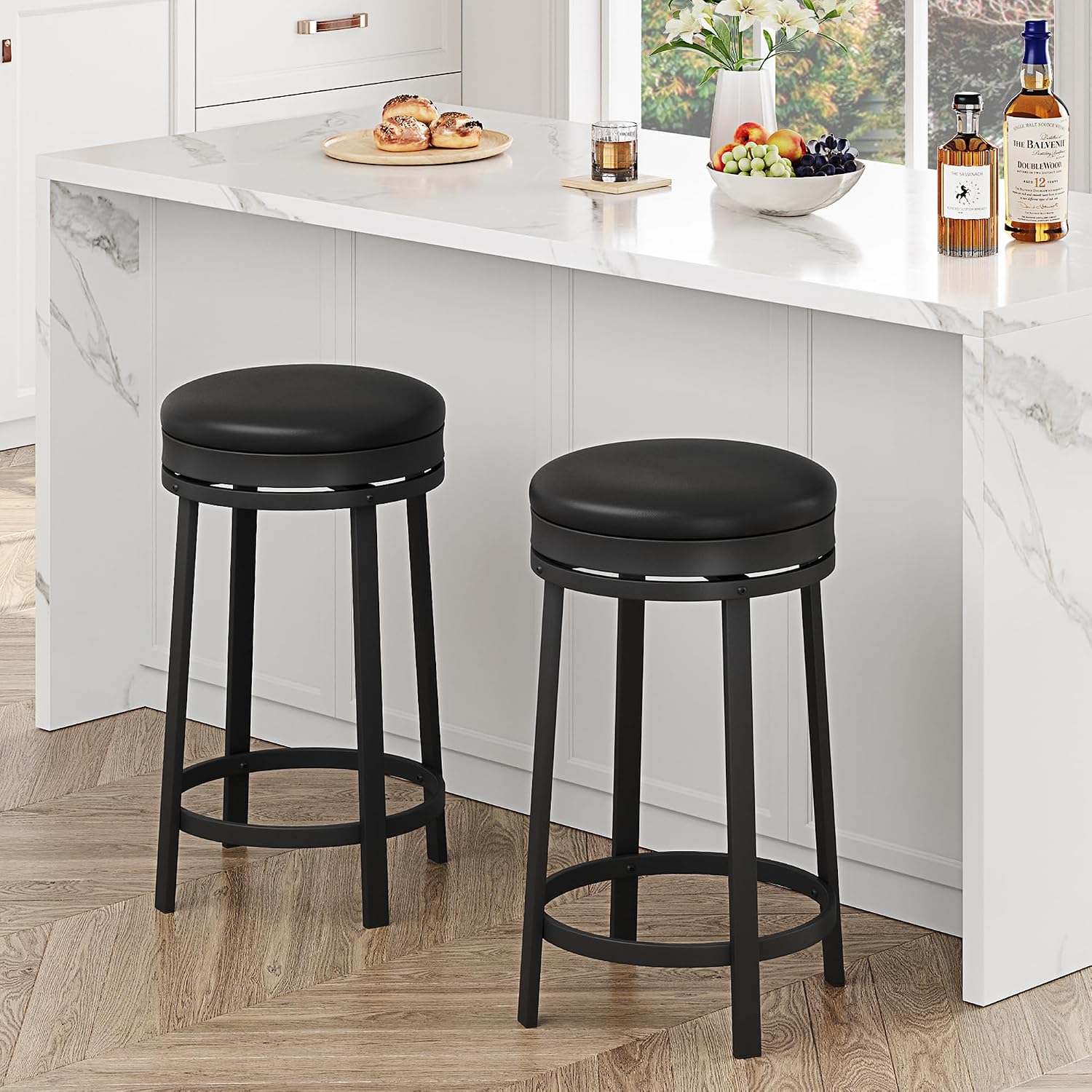 IDEALHOUSE 24 Swivel Bar Stools Set of 2 with Footrest, Modern Counter Height Barstools with PU Leather Upholstered and Metal Frame, Backless Round Bar Stools for Kitchen Island, Black