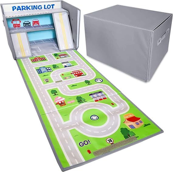 SAM AND MABEL Toy Car Garage Box with Play Mat Kids' Racecar Storage Basket, Stackable and Collapsible Organizer Bin (Cars Not Included) Gray