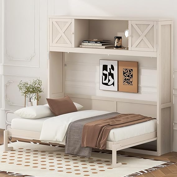 Murphy Bed with Storage Cabinets, Space-Saving Design, Full Size, Beige