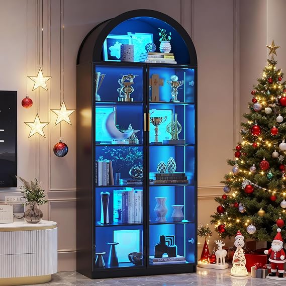 FREDEES Arched Display Cabinet with Doors, 76" Tall Curio Cabinet with Adjustable Shelves/3 Colors LED Lights, 6 Tier Display Case for Collectibles Bedroom Living Room Office, Black