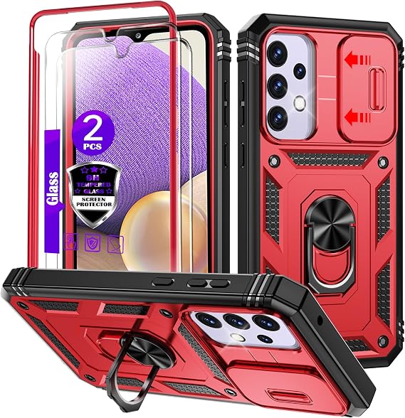 YmhxcY for Galaxy A32 5G Case with Camera Cover Slider, 2*Tempered Glass Screen Protectors,Build in 360Rotating Ring Kickstand, Military Grade Protective Case for Galaxy A32 5G-Red/Black