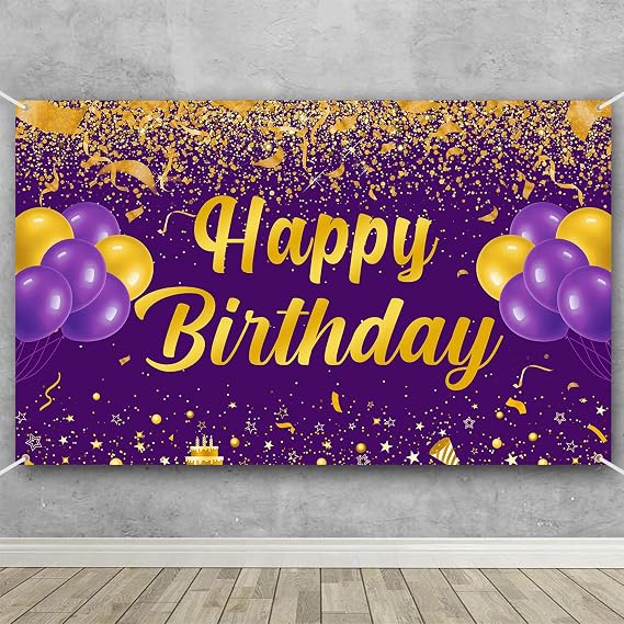 Trgowaul Happy Birthday Banner, Purple Gold Party Decor, Kids Men Women Gifts, Photo Booth Background 70.8*43.3''