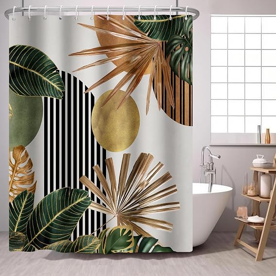 Boho Shower Curtain Mid Century Tropical Leaves Sun 72x72 in