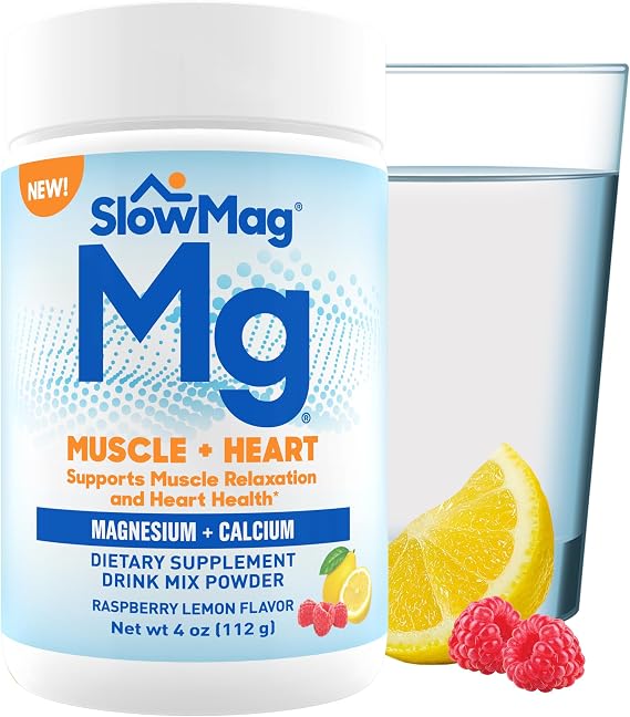 SlowMag Magnesium Powder, Magnesium + Calcium Supplement Drink Mix, Raspberry Lemon Flavor, Supports Muscle Relaxation & Heart Health, 4oz