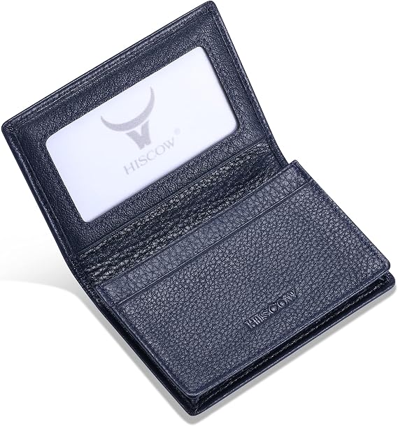 HISCOW Full Grain Leather Business Card Holder Case | Minimalist EDC wallet, gusset holds 25 cards, ID window, fits folded bills, bifold profile, premium gifts for men & women