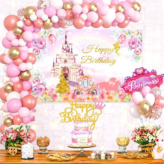 Princess Party Decorations, Princess Birthday Decorations, Princess Cake Topper, Princess Backdrop,Princess Balloons Garland Kit for Princess Decorations for Birthday Party.