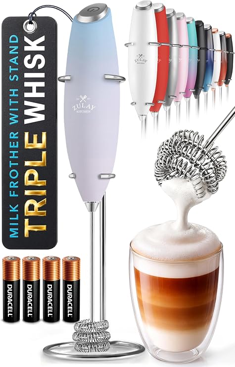 Zulay Kitchen Powerful Milk Frother Wand With Duracell Batteries - Ultra Fast Handheld Drink Mixer - Electric Whisk Foam Maker for Coffee, Lattes, Cappuccino & Matcha - Triple Whisk - Pale Cloud