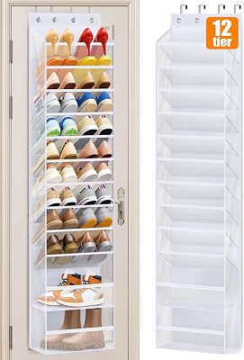 MISSLO 12 Tier Over the Door Shoe Organizer Large Capacity Hanging Shoe Rack for Closet Storage Narrow Sneaker Holder for Door Fit 24 Pairs Sandals, Heels, Boots White