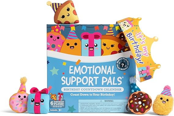 Emotional Support Pals Birthday Countdown Calendar by Relatable Cuddly Stuffed Animals, Squishy Toys and Plushies, Great Birthday Gift for Loved Ones of All Ages Includes 7 Surprises