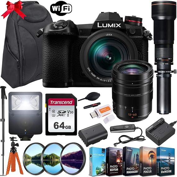 Panasonic Lumix DC-G9 Mirrorless Micro Four Thirds Digital Camera with Leica 12-60mm Lens & 650-1300mm Telephoto Lens + 64GB Memory Card, Backpack, Flash, Editing Software Kit & More
