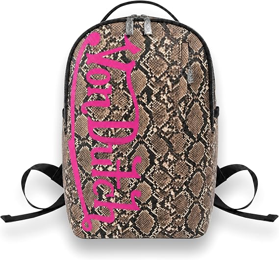 Von Dutch Medium Backpack Stylish Multi-Purpose Backpack, Brown Snake | Faux Python Print, Cherry Red Script Logo