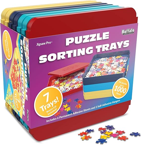 Buffalo Games Puzzle Sorting Trays for Adults, Puzzle Tray Storage, 7 Pc | Up to 1000 Pieces Sorted, Safety Lid for Easy Put Away, Interlocking Trays Fit Your Workspace, Puzzle Organizer for Adults