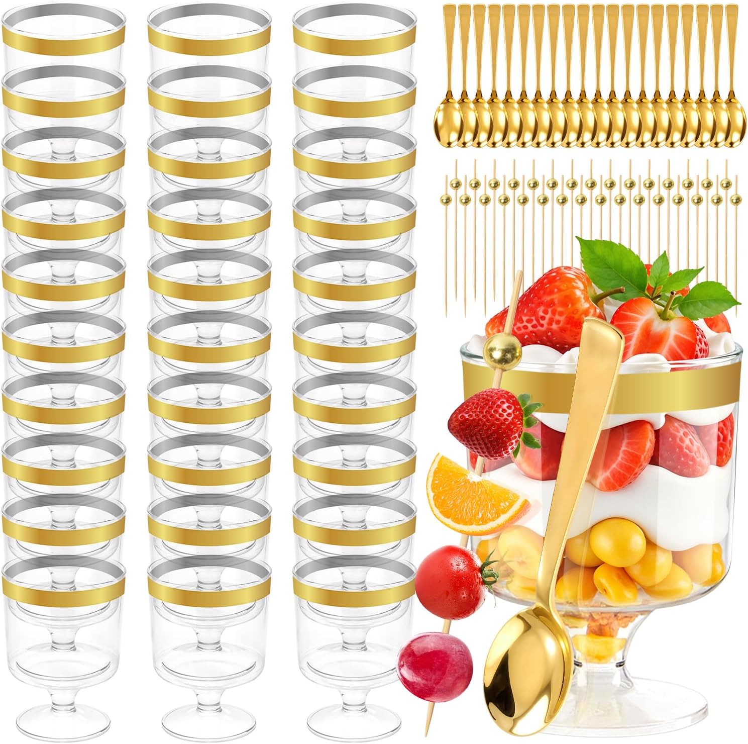 JIURUN 140Pcs Dessert Cups with Gold Spoons, 5oz Mini Clear Appetizer Parfait Cups with Cocktail Picks for Fruit Ice Cream Cake Party Birthday Party Events Supplies