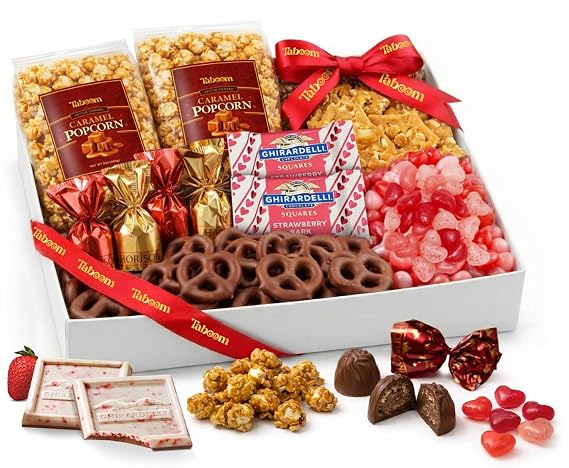 Chocolate Gift Basket - Assortment Tray Sweet & Savery Gourmet Snack Food Gift Box With Caramel Popcorn, Chocolate Pretzels, Chocolate Bark & Truffles