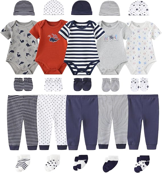 Ruliby New Born Boy Baby Layette Gift Set - Bundle Set of Animal Print Baby Bodysuits and Accessories 0-3 Month