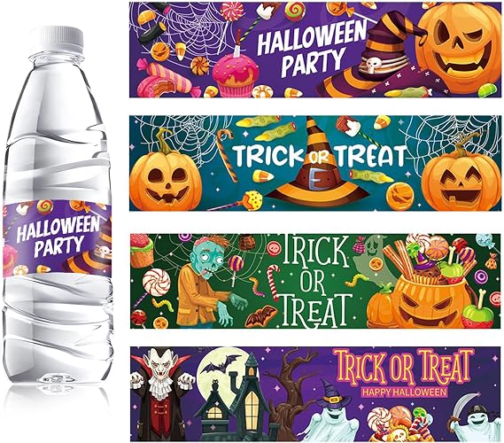 32 Pcs Multicolor Halloween Water Bottle Labels Waterproof Party Supplies Pumpkin Trick or Treat Bottle Stickers 4 Design for Each Design 8 Sheets
