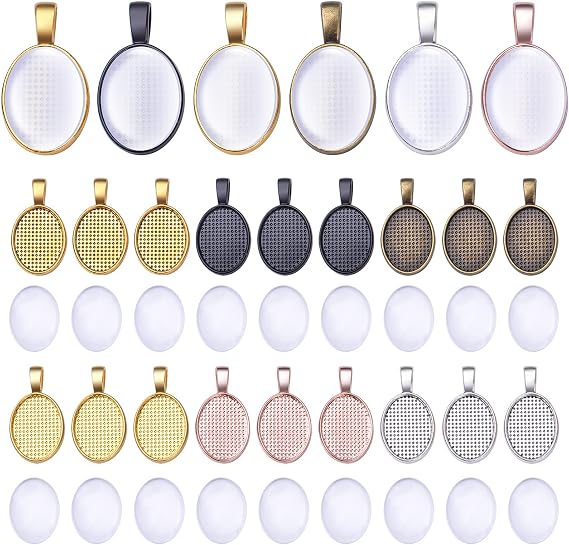 48pcs Bezel Pendant Blanks Set, 24pcs 6 Colors Oval Pendant Trays Bezel Blanks with 24pcs Glass Cabochons Clear Dome Tiles for DIY Bracelet Necklace Jewelry Crafts Making