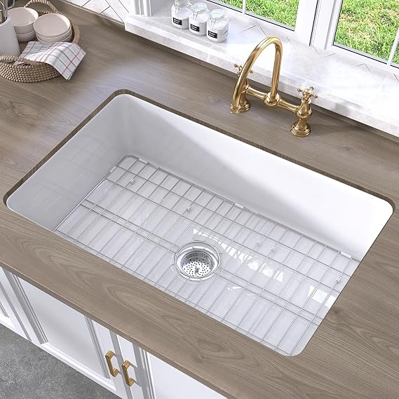 TUKTUK Undermount Kitchen Sink 32 x19 Fireclay Drop-in Farm Sink Porcelain Single Bowl Topmount Large & Deep Basin Luxury Accessory Kit Included