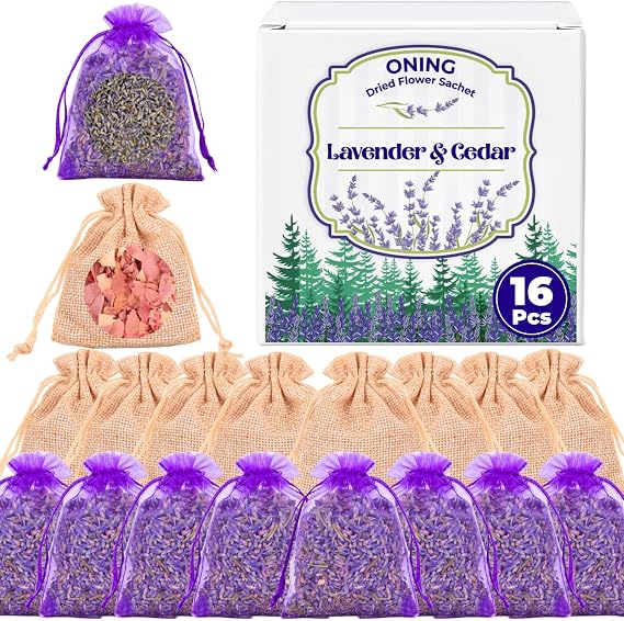 16 Pack Lavender Sachet Bags & Cedar Chips Set Real Dried Lavenders Flowers | Cedar Home Fragrance Sachets, Lavenders Sachets for Drawers, Closets, Storage