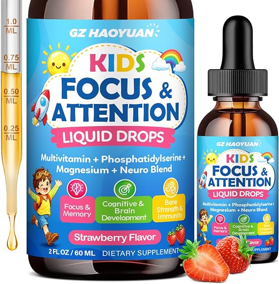 Kids Focus and Attention Supplements with Phosphatidylserine, Omega-3, Magnesium Glycinate, L-Theanine, Folate, Brain Vitamins Liquid Drops for Kids Memory, Cognitive, Sleep & Mood,Strawberry,2 Fl Oz