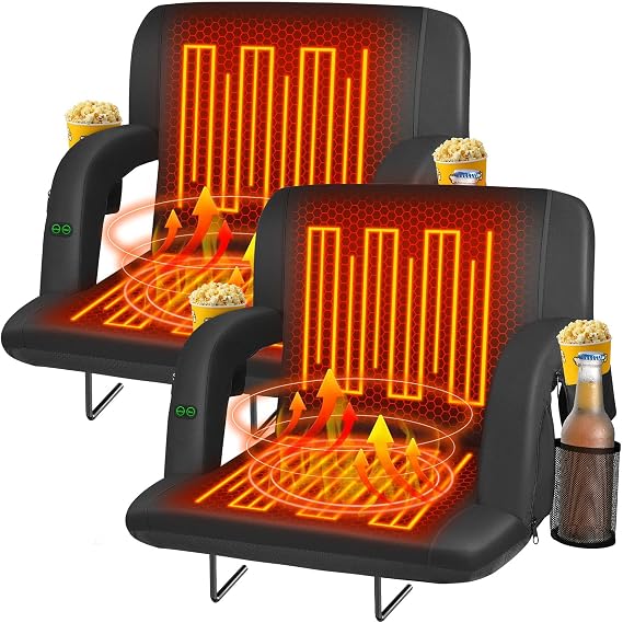 Seeutek Heated Stadium Seats for Bleachers with Back Support, 21" 2PC Black | 3 Level Heated Seat & Back (NO Battery), 6 Recline Positions, Soft Cushion, 5 Pockets, Foldable, Anti-Slip, Backpack Straps