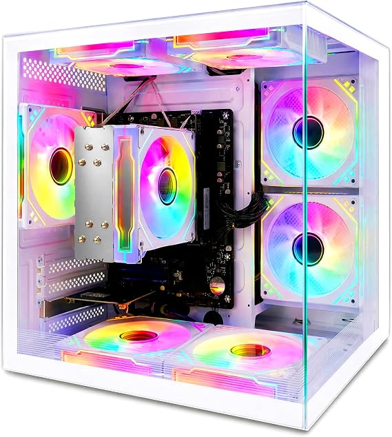 LXZ Gaming PC Desktop Computer, AMD Ryzen 5 5600GT, 16GB DDR4, 1TB NVME SSD, Prebuilt Tower PC with Integrated Graphics, WiFi, RGB Cooling Fans, for Home Office and Student, White Tempered Glass Case