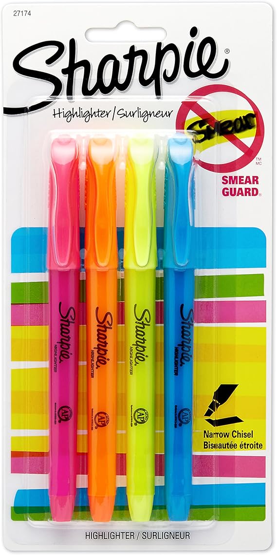 Sharpie Pocket Style Highlighters, Chisel Tip, Assorted Colors, 4 Count (Pack of 1)