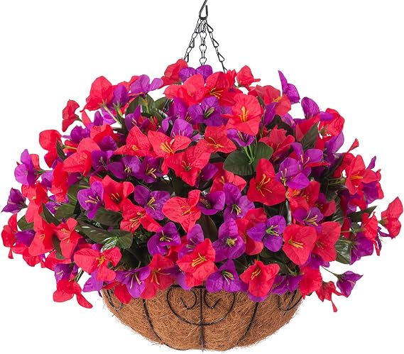 Artificial Hanging Flowers Plant with Basket for Outdoors Spring Decor, Fake Hanging Plants Silk Bougainvillea in Planter Look Real UV Resistant Faux Flower for Outside Porch Patio Garden Home, Mix