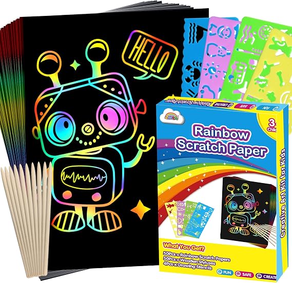 ZMLM 100Pcs Rainbow Scratch Paper Art Gifts, Arts and Crafts for Kids Toys