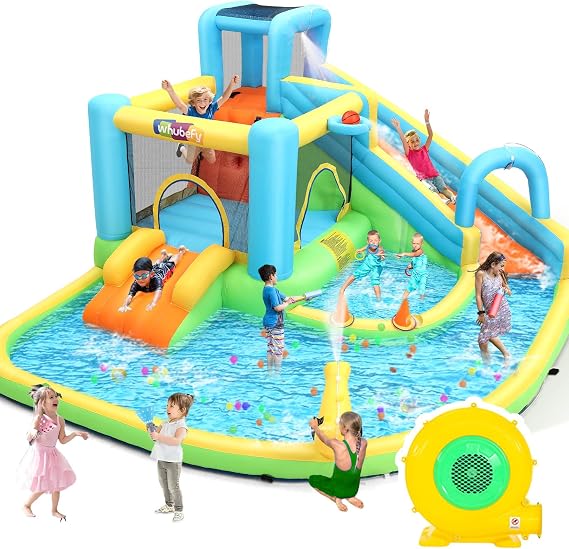 Whubefy Inflatable Water Slide Bounce House, 12.8x12Ft Water Bouncy House w/ 2 Slides/Jumping Area/Catch Ball/Ring Toss Game & 10 Accessories, Inflatable Water Park Holds 5 Kids Fun, 550W Blower
