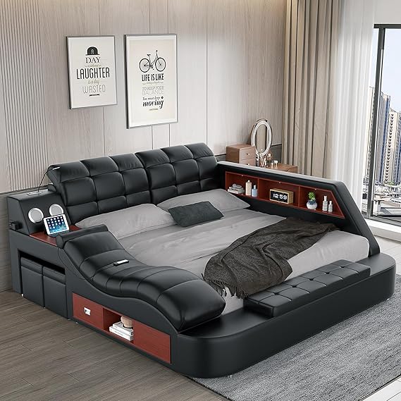 Smart Queen Bed Frame, Black Multifunctional Bed with Massage Recliner, Modern Luxury Bed Frame with Music Speaker, USB Charging Station, Adjustable Headboard, Bedroom Furniture