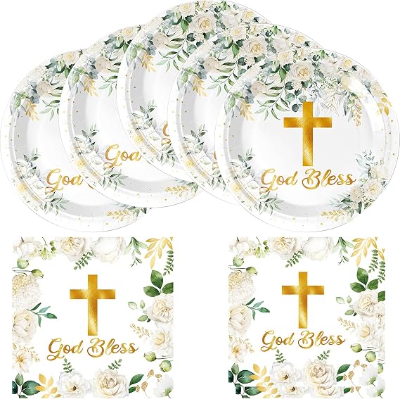 HJFZLY God Bless Tableware Set, First Communion 20 Plates and 20 Napkins, for Newborn Baptism Church Cross White Floral Party Decoration