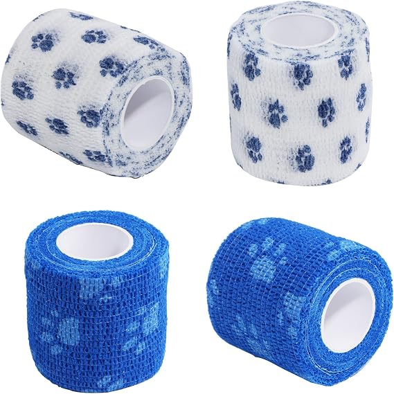 Pet Bandage Cohesive Bandage Self Adhering Wrap Tape, Multi-Function Elasticity Gauze Rolls Wrap First Aid Vet Tape for Dogs Cats Horses Birds Ankle Sprain (White and Blue)