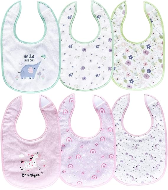 PUPPET 6 Pack Baby Teething Bibs for Girls Hook Loop Closure for Drooling Feeding Eating, 6-12 Months