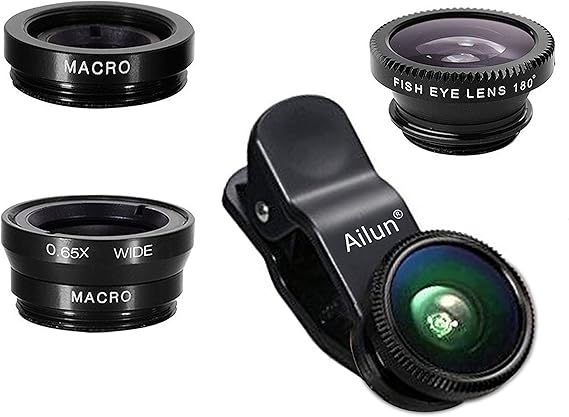 Phone Lens,by Ailun,3 in 1 Clip on 180 Degree Fish Eye Lens+0.65X Wide Angle+10X Macro Lens,Universal HD Camera Lens Kit for Mobile Phone,Cellphone,Smart Phone