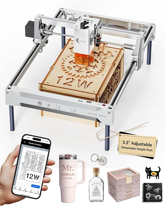 K15 Pro Laser Engraver 12W Laser Engraving Machine for Wood Metal Acrylic Glass Stone, DIY CNC Portable Laser Cutter 7.9" x 11.8" (Near A4) Offline Engraving Silvery, 12000mW, Class 1