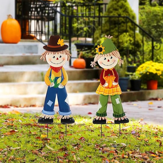 2 Pcs Fall Yard Signs Scarecrow Decorations Outdoor, 30"H Metal Thanksgiving Fall Yard Stakes Scarecrow Lawn Decor, Fall Garden Stakes for Patio Pathway Autumn Harvest Outside Decorations (Standing)