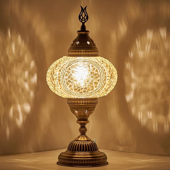 DEMMEX Battery-Operated Turkish Moroccan Mosaic Table Lamp 12H, 5W, Portable Stained Glass Lantern for Indoor & Outdoor Use, Cordless Handmade Decorative Light for Bedroom, Patio & Camping, Gold