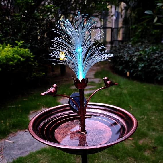 Solor Bird Bath for Outside, 43in Optical Fiber Bird Bathtub Solor Stake-Brown Freestanding Birdbaths for Outdoors, Metal Solor Bird Bath Feeder Bowls for Garden Patio Yard Lawn Decor